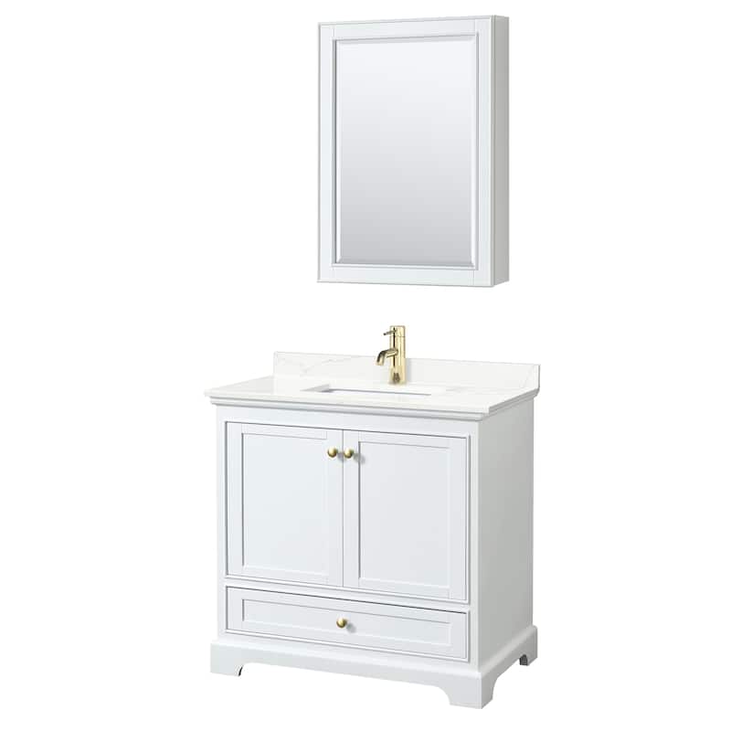 Deborah 36-inch Single Vanity, Quartz Top, Medicine Cabinet - White, Gold Trim, Giotto Quartz Top