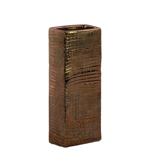 Ceramic Tall Rectangular Ribbed Design Vase, Small, Distressed Copper Finish