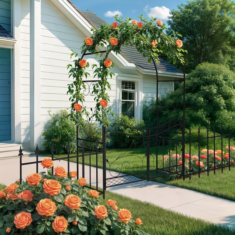 7.2 FT Metal Outdoor Arbor with Gates and Fences - On Sale - Bed