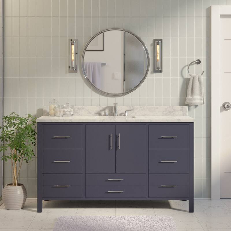 KitchenBathCollection California 60" Single Bathroom Vanity with Carrara Marble Top - Marine Gray