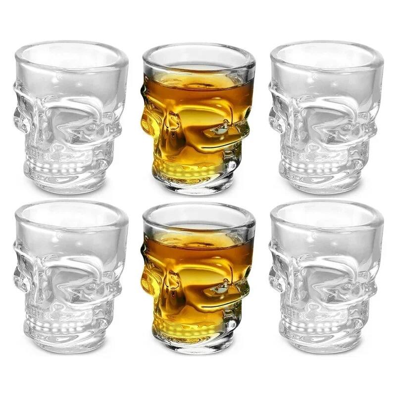 Skull-Shaped Shot Glasses Set of 6, 1.75oz - Glass Novelty Drinkware for Halloween, Parties, and Barware - Clear