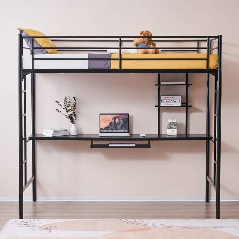 Metal Loft Bed with Desk & Shelves