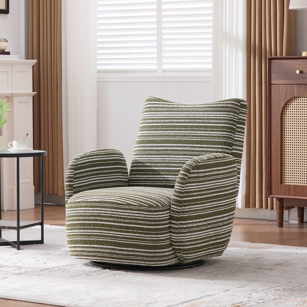 Modern Style 360° Swivel Leisure Chair Fabric Striped Armrest Swivel Chair and metal bracket, suitable for living room, balcony