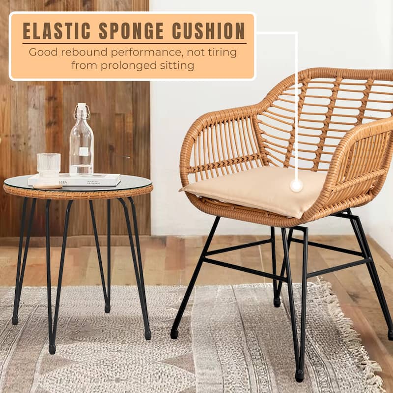 3 Piece Outdoor Wicker Furniture Patio Bistro Set With Cushions for Porch Poolside Garden - 21.2"L x 23.6"W x 31.5"H