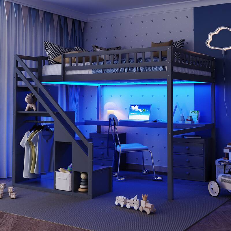 Full Size Loft Bed with Two Chest of Drawers, Desk and Light Strip, Gray