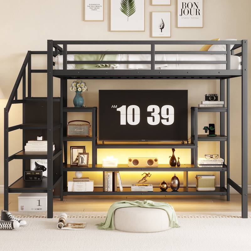 Full Size High Metal Loft Bed Frame with Entertainment TV Stand, Shelves, LED Light Strip, Charging Station, Staircase Wardrobe
