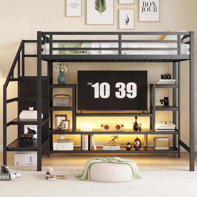 GDF Studio - Hawthorne Loft Bed with TV Cabinet, Staircase, Wardrobe, and LED Light (Full Size)