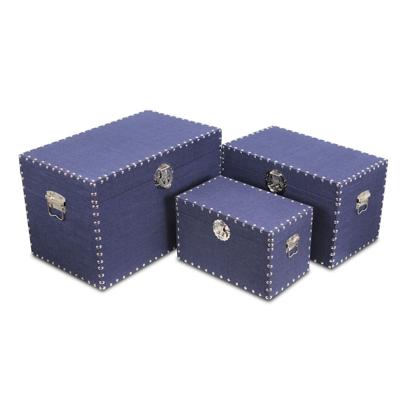 Set of 3 Denim Blue and Silver Studded Storage Trunks 19.75"