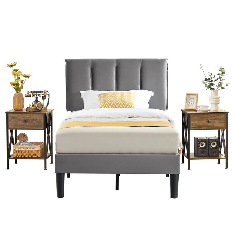 VECELO 3-Pieces Bedroom Sets Upholstered Bed Frame and Nightstands Set of 2 Dark Grey Platform Bed Frame