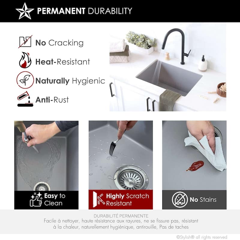 STYLISH 25 inch Single Bowl Dual Mount Composite Granite Utility Sink