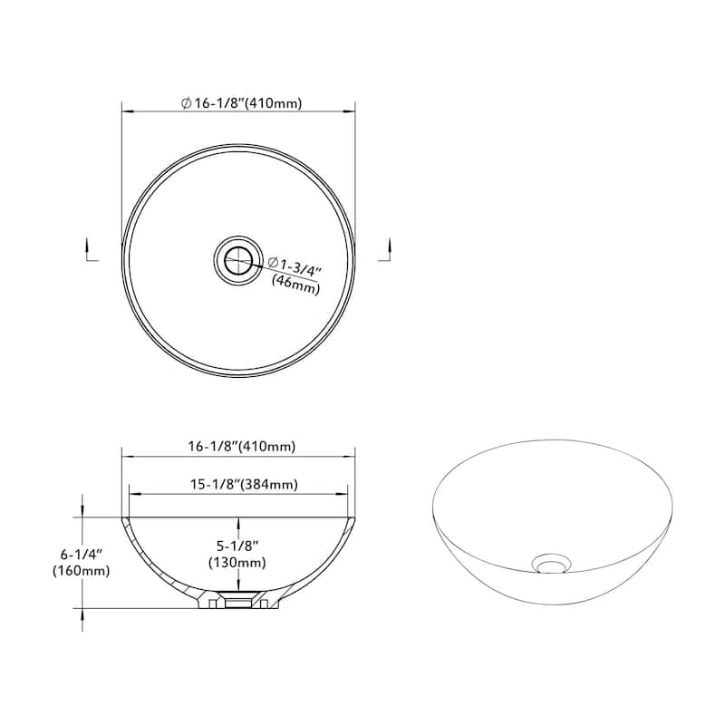 Dowell Ceramic Vessel Sink, Round, Matte Black - 16Wx16Dx6H