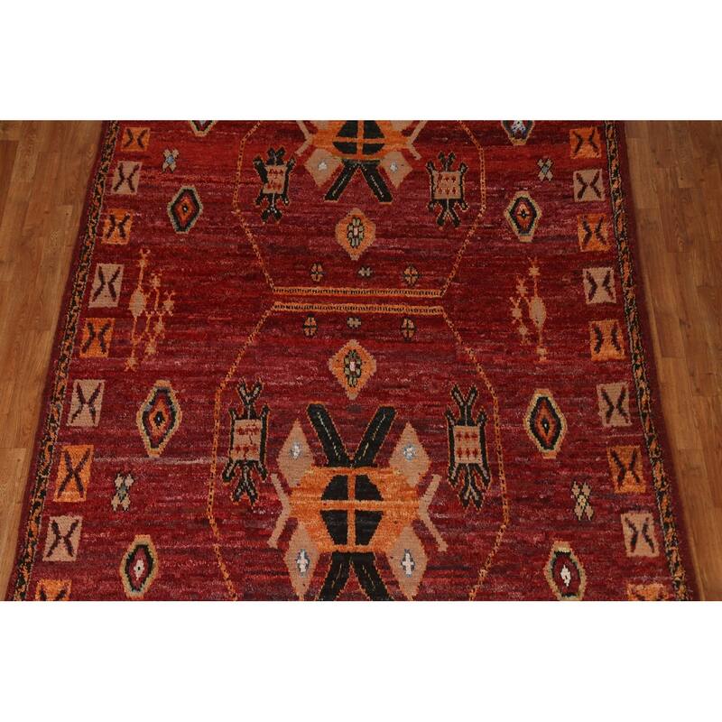 Hand Knotted Oriental 100% Wool Carpet Modern Tribal Red Moroccan Area Rug - 9' 10'' X 6' 11''