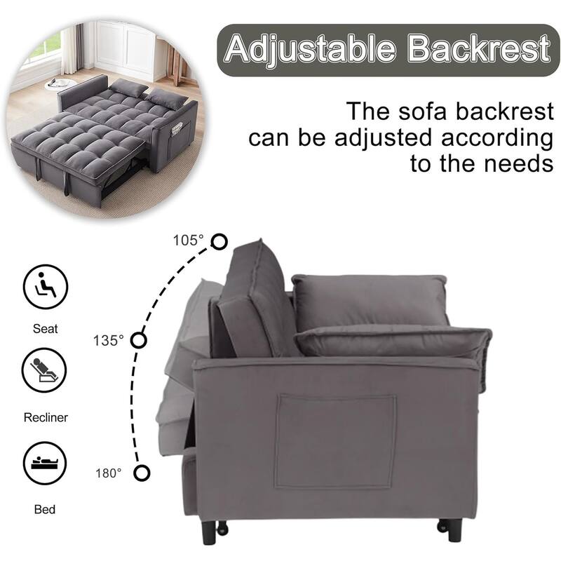 3 in 1 Convertible Sleeper Sofa Bed, Futon Couches for Living Room with Side Pocket, Adjustable Backrest