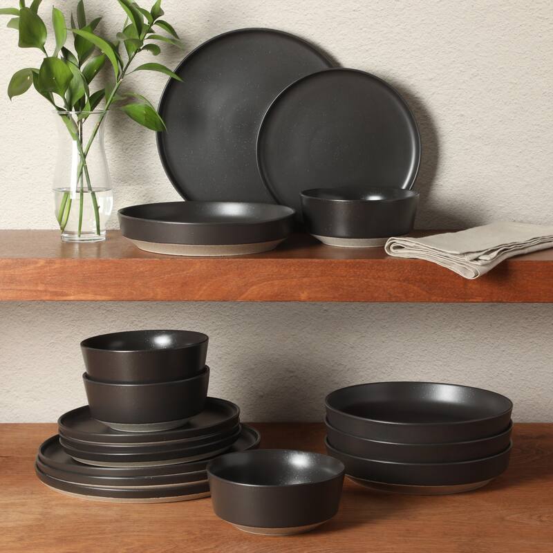 Gibson Elite Overbrook 16-Piece Pottery Clay Stoneware Stackable Dinnerware Set - Plates & Bowls, Reactive Glaze, Service for 4