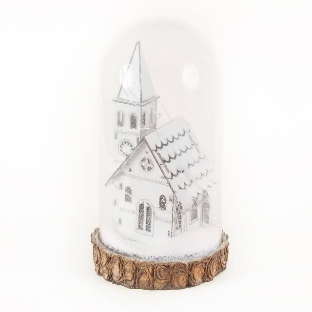 Lighted Christmas Snow-Covered White Church Glass Dome Battery-Op Lantern
