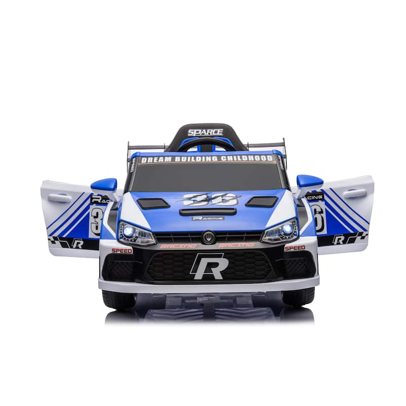 Electric Car for Kids with Seat Belts, Blue Battery Powered Electric Car with Battery Display, Racing Car Toy with Bluetooth