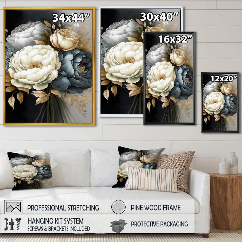 Designart "White, Blue And Grey Peony Bouquet III" Floral & Botanical Framed Canvas Art Print