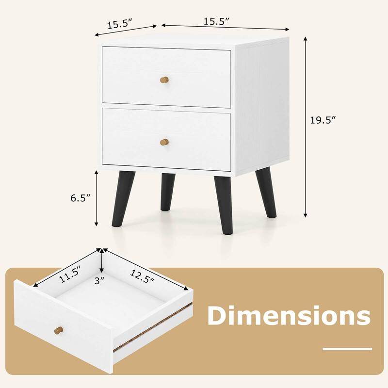 Costway 1/2 PCS Nightstand with 2 Drawer with Storage, Small Accent
