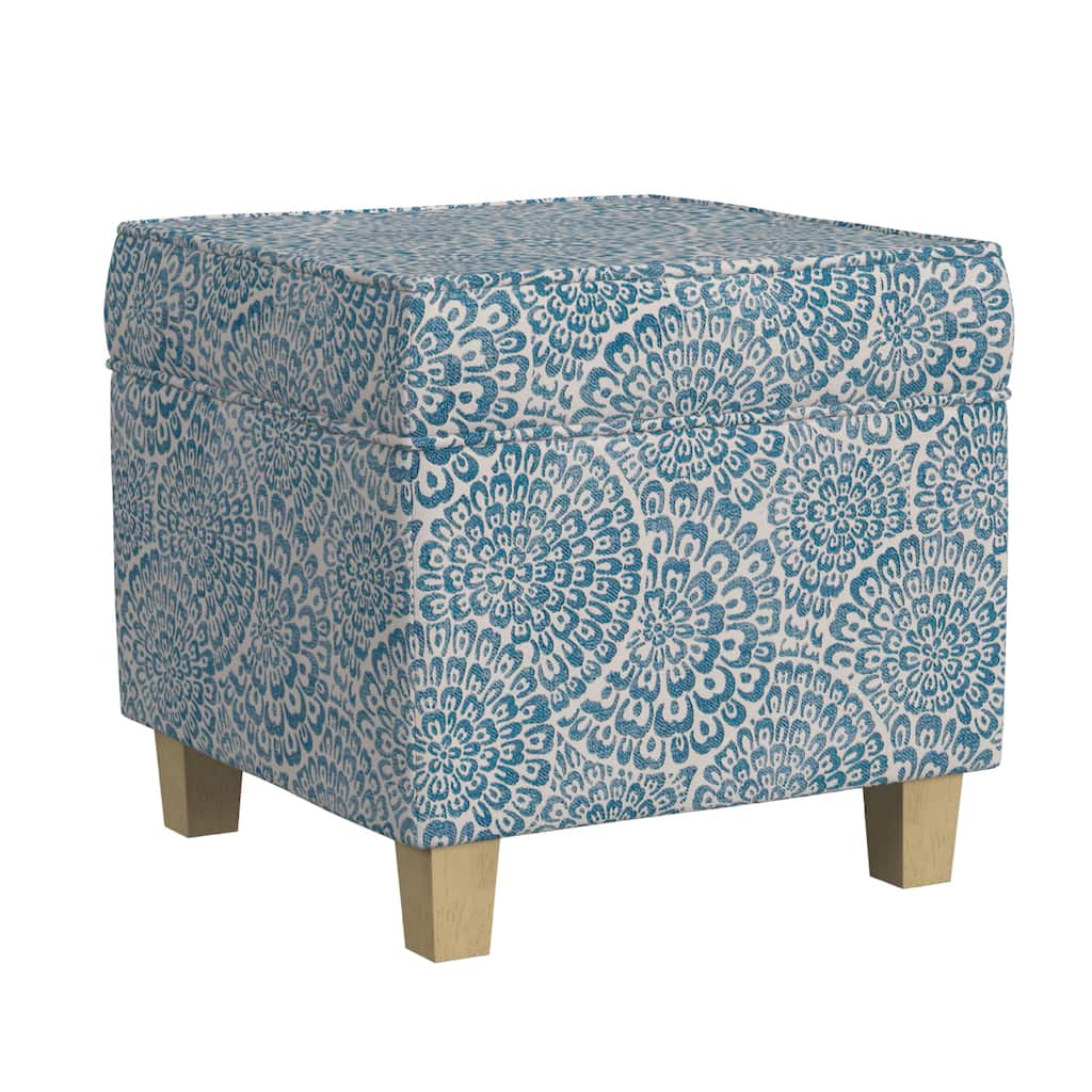 Pyp Square Storage Ottoman, 18 Inch Blue Ivory Floral Fabric, Brown