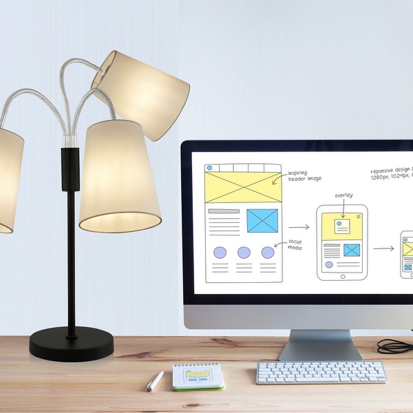 Multi Head Table Lamp with White Fabric Shades Black L 21.6 in