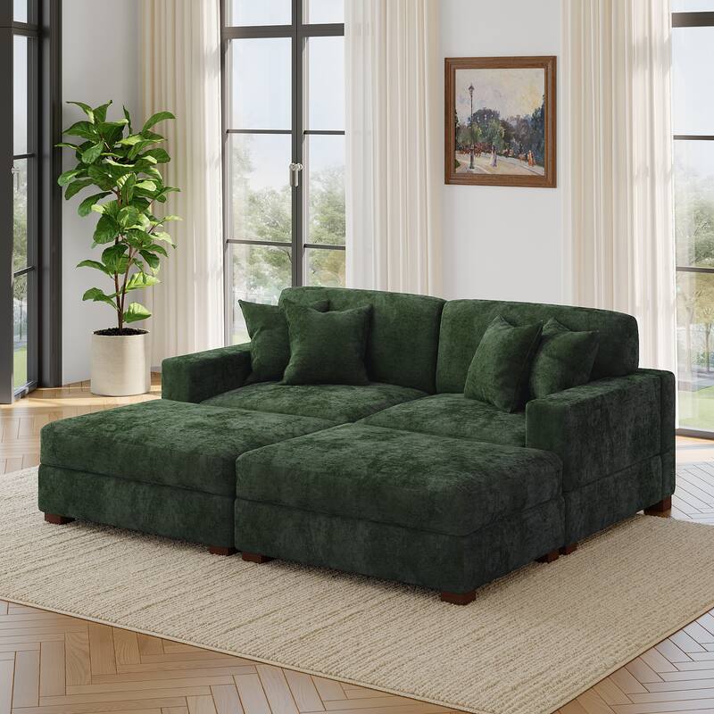 Modern Chenille Oversized Modular Sectional Sofa with 2 Ottoman - Green-4 Piece