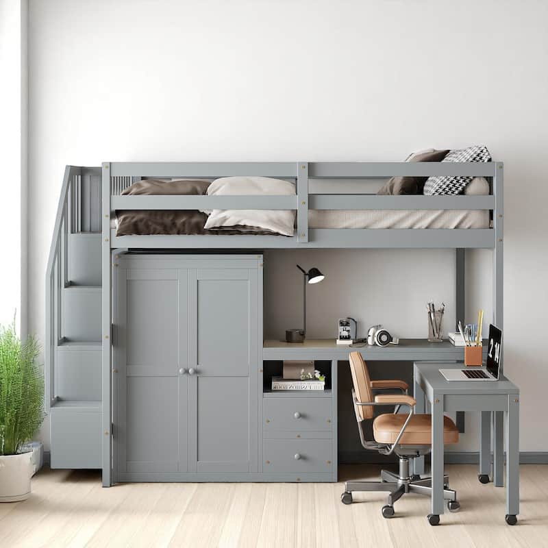 Twin/Full Size Loft Bed with Desk, Wardrobe, Drawers & Stairs, Wood Frame Study Bed with Storage for Kids/Teens