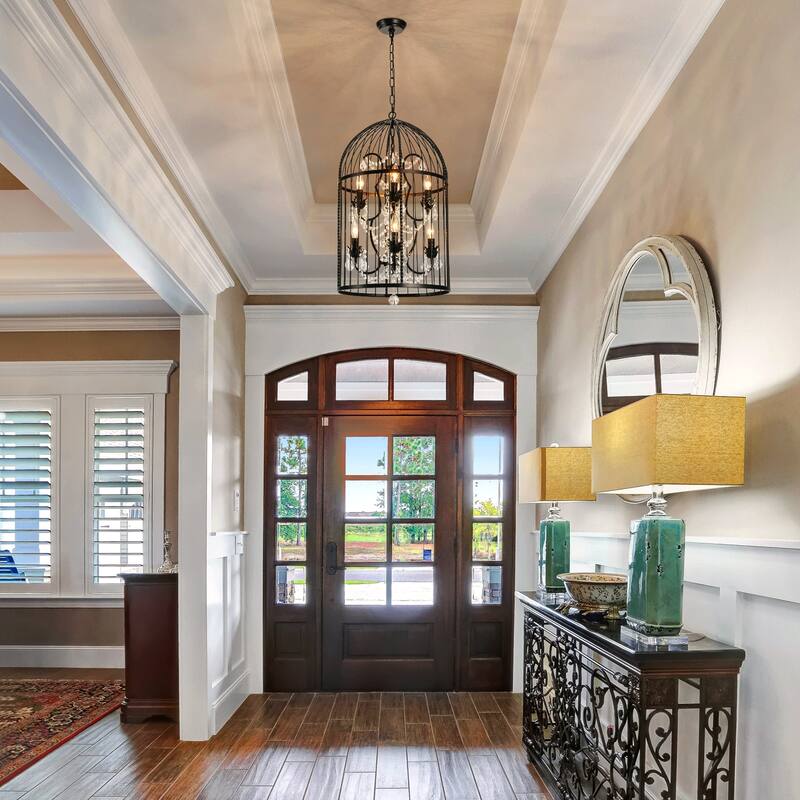 Vintage Industrial Birdcage Crystal Chandelier with Black Metal Cage and Crystal Accents - W17.72"