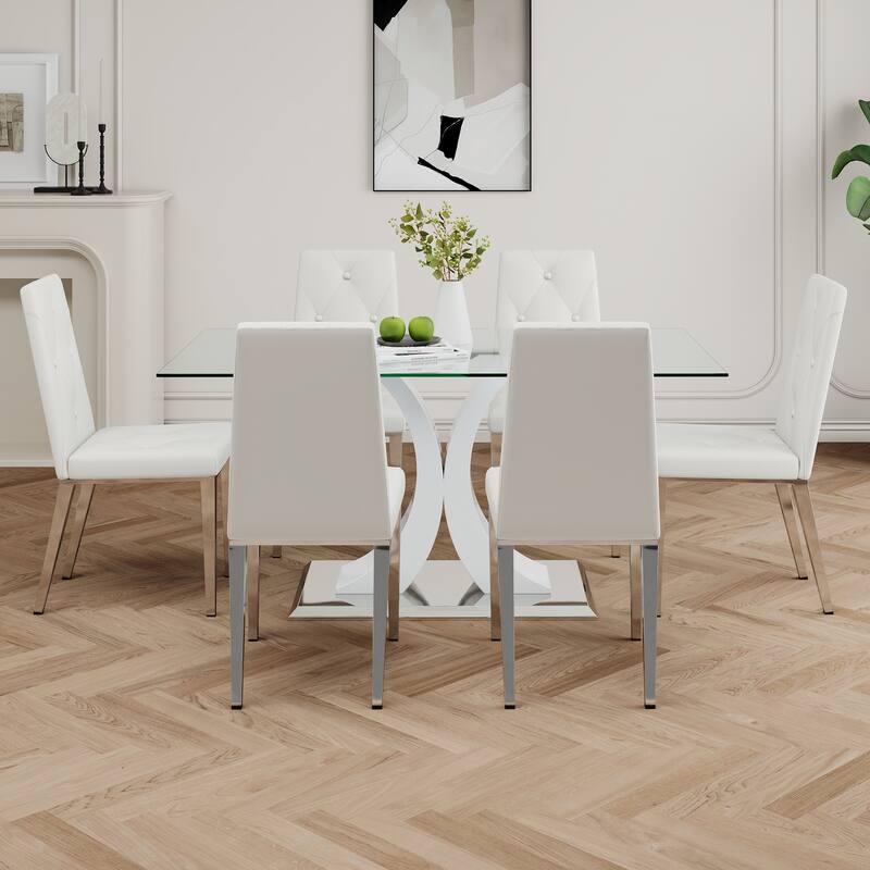 Modern Style Glass Table,Durable Support Base,Dining Chair Set For Restaurant Kitchens(Set of 7)