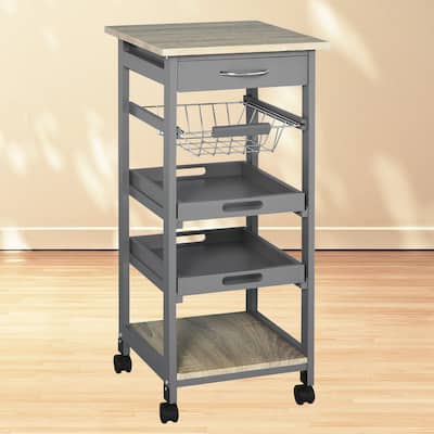 "Grey Kitchen Trolley Serving Cart on Wheels with Underneath Drawer & Slide-Out Storage Basket"