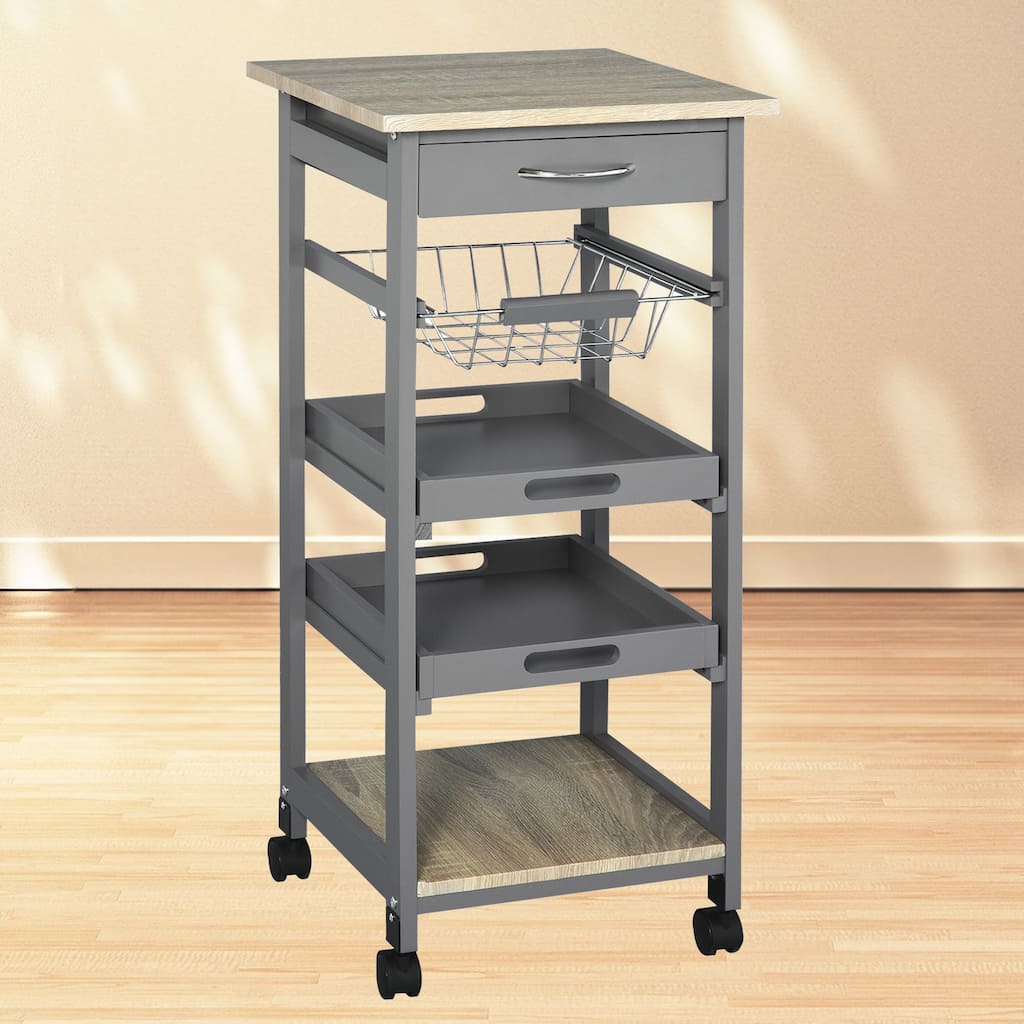 "Grey Kitchen Trolley Serving Cart on Wheels with Underneath Drawer & Slide-Out Storage Basket"