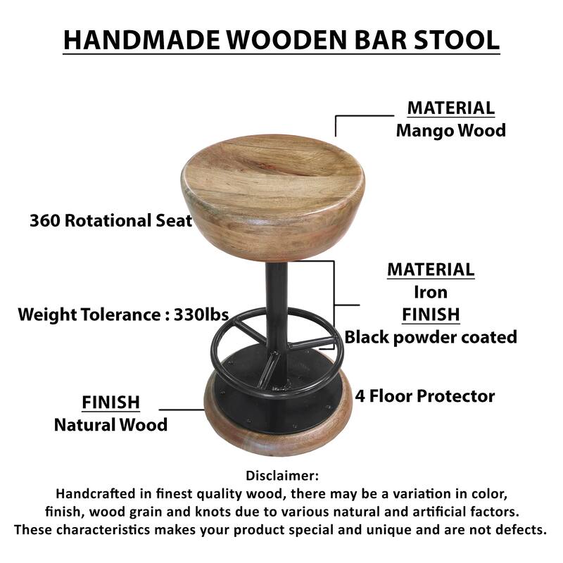 Rustic Charm Swivel Counter Bar Stool 24 Inch Handcrafted, Brown Mango Wood Round Seat, Black Iron Base with Footrest