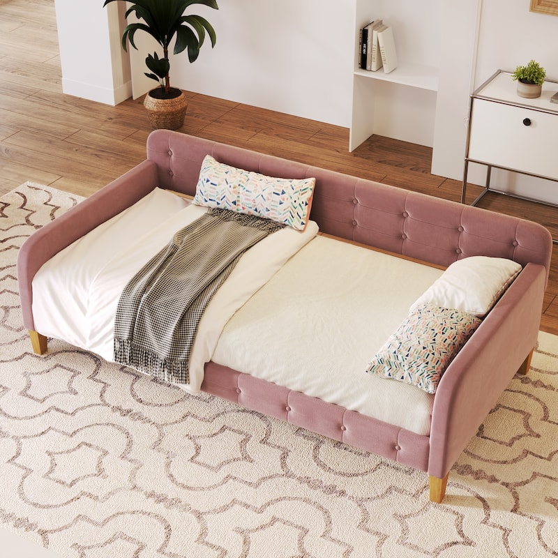 Twin Size Velvet Upholstered Daybed Frame with Tufted Backrest & 4 Legs