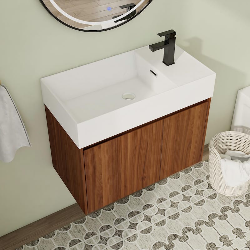 24"/30" Floating Bathroom Vanity with Sink, Mini Wall Mounted Bathroom Vanity with Soft Close Door - 29.5"×15.8"×23.3" - Dark Brown