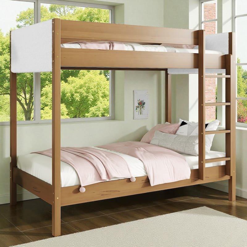 Modern Twin Over Twin Wooden Bunk Bed with Teddy Fleece Upholstery, Safety Guardrails, Ladder, and Underbed Storage Space