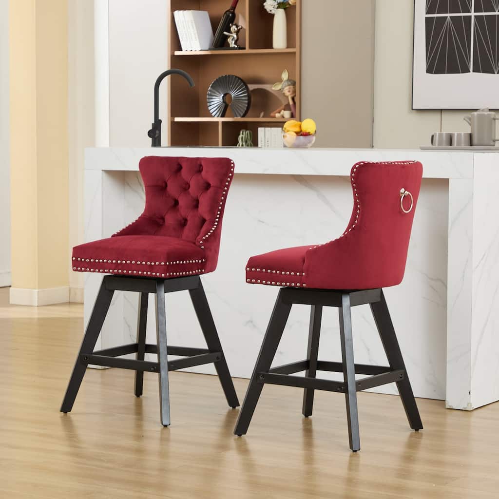 Set of 2 Swivel Velvet Bar Stools with Button Tufting, Wood Legs & Chrome Nailhead Trim - Wine Red