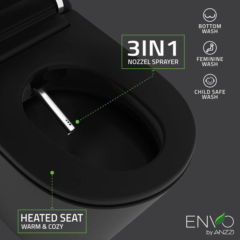 ENVO Echo Elongated Smart Toilet Bidet in Matte Black with Auto Open, Auto Flush, Voice and Wifi Controls