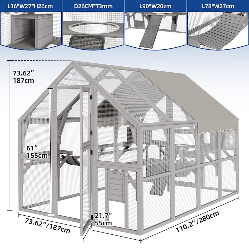 Moasis 110" Outdoor Large Cat Catio Enclosure Wooden House with Bridges, Walks, Small Houses, Roof Cover