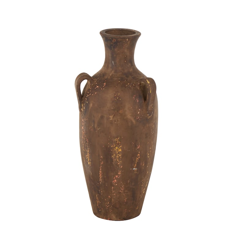 Ceramic Antique Style Distressed Vase with Handles - Dark Brown - Roche River Decor - 11"W x 10"L x 24"H