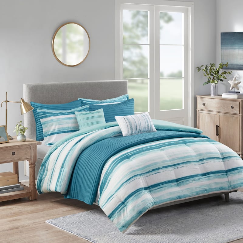 Madison Park Anchorage 8 Piece Printed Seersucker Comforter and Quilt Set Collection