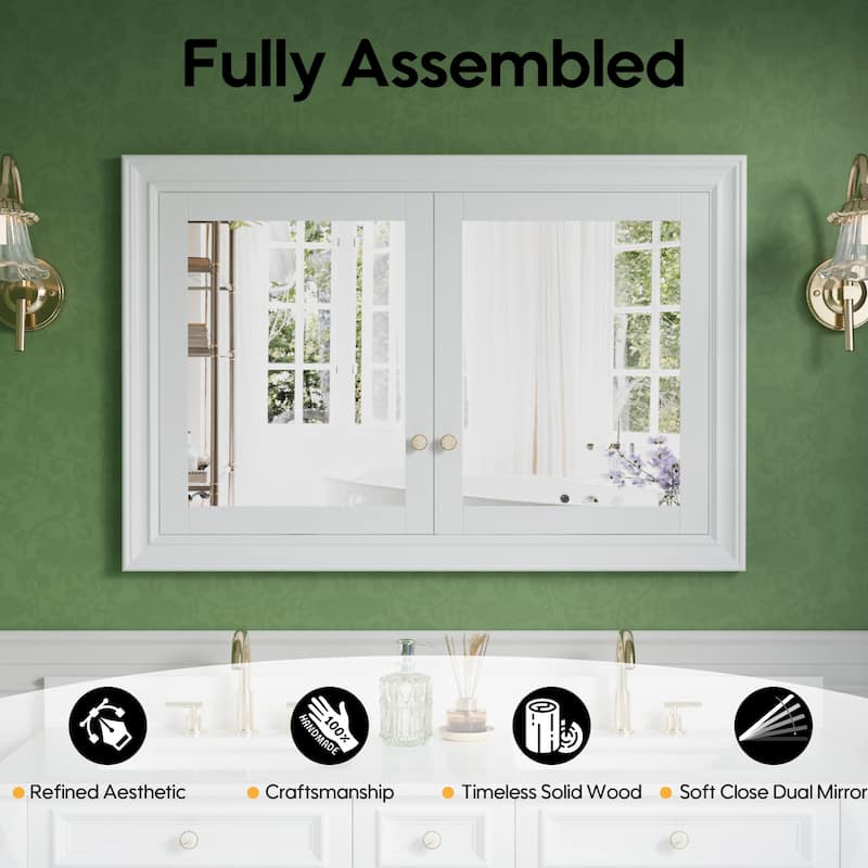 32''H Recessed Mount Solid Wood Framed Medicine Cabinet With Mirror and Shelves
