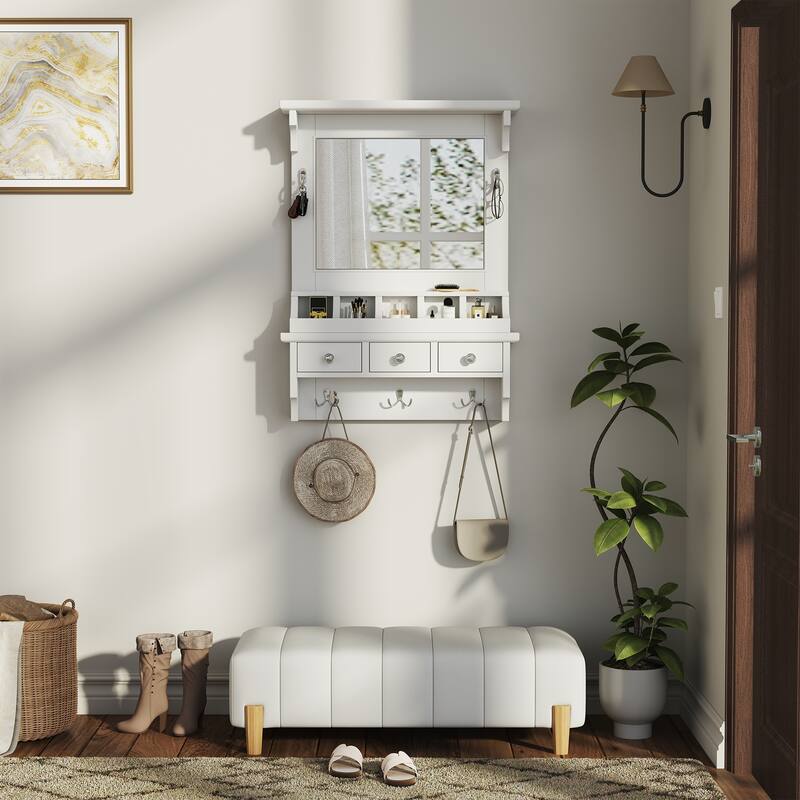 White MDF Floating Makeup Vanity with HD Mirror, Drawers and Hooks - 23.75” W x 31.75” H