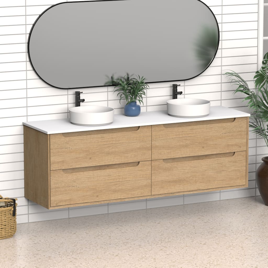 72" Solid Wood Bathroom Vanity with White Quartz Countertop Ceramic Vessel Sink