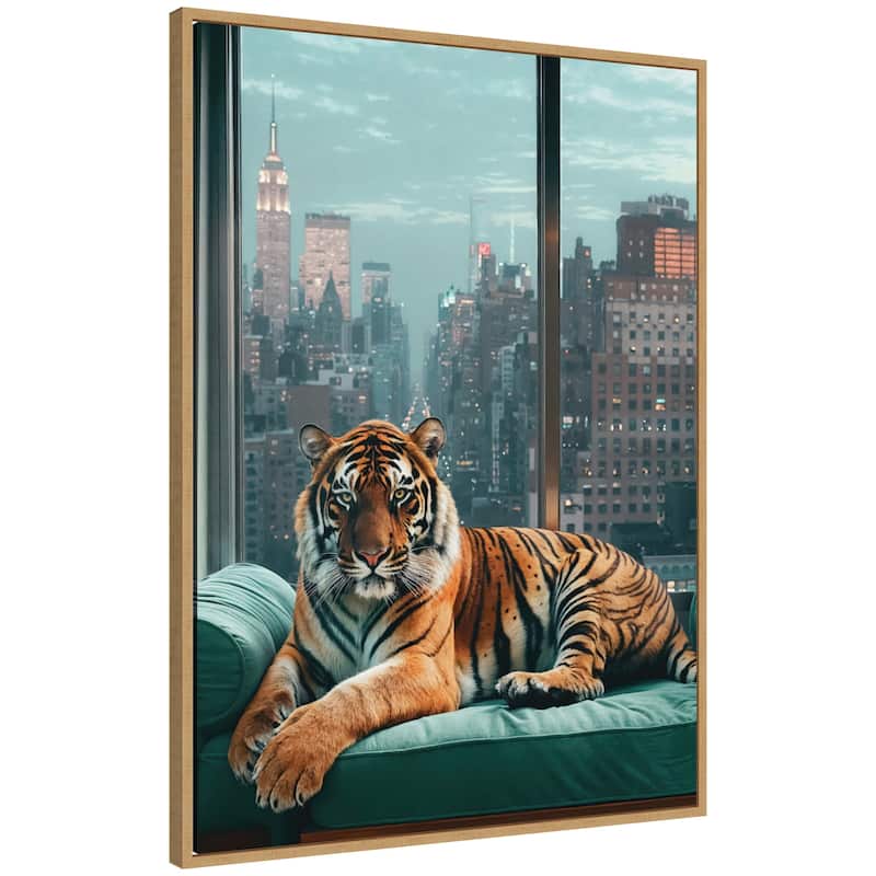 Kate and Laurel Sylvie Graceful Tiger in New York Framed Canvas by Michael Schauer - 28x38 - Natural