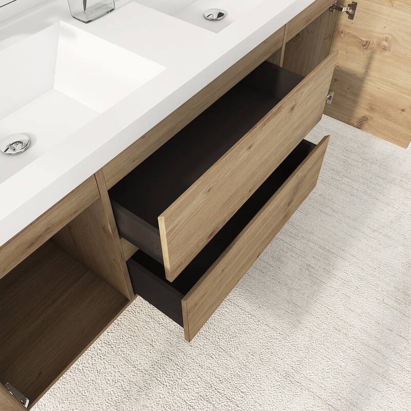 MDF Wall-Mounted Bathroom Vanity Set in Oak with Integrated Culture Marble Sink