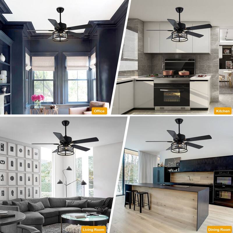 Oaks Aura 52in.Black Modern Glam Crystal Ceiling Fan with Lights,6-speed Reversible Crystal Fan Lights with Remote - 52