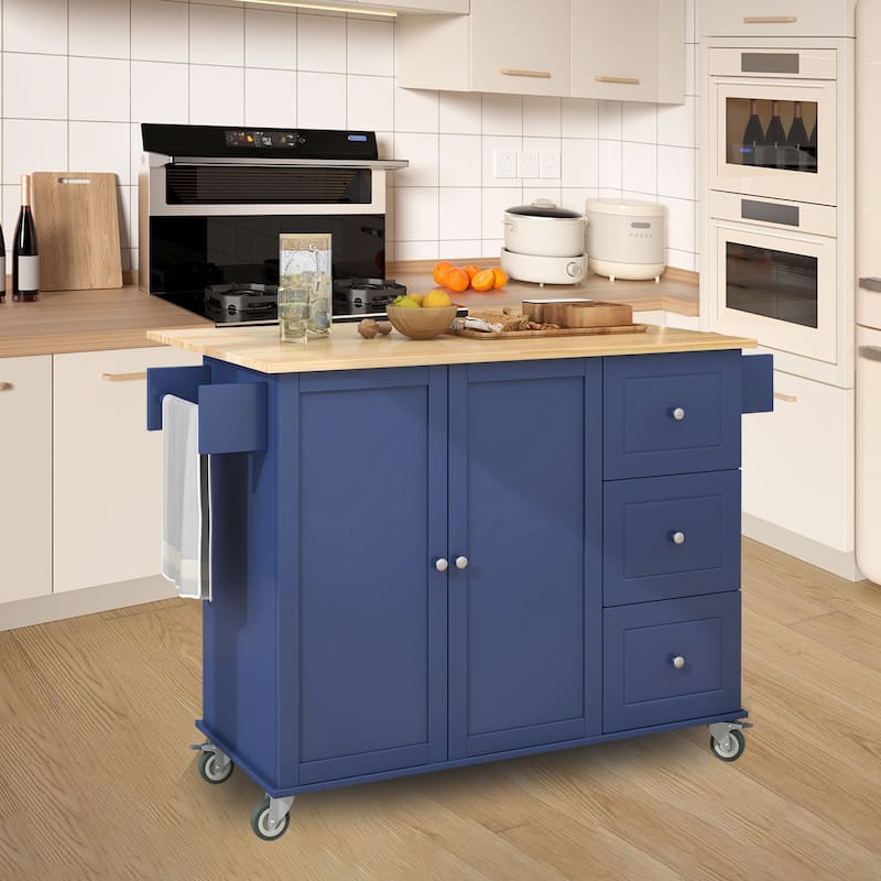 Kitchen Island Cart with Solid Wood Top and Locking Wheels - Navy Blue