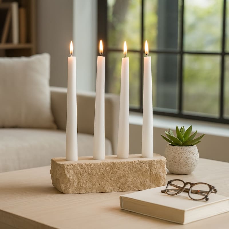 Tan 10 in. Travertine Modern Live Edge 4-Taper Candle Holder - 10.0"