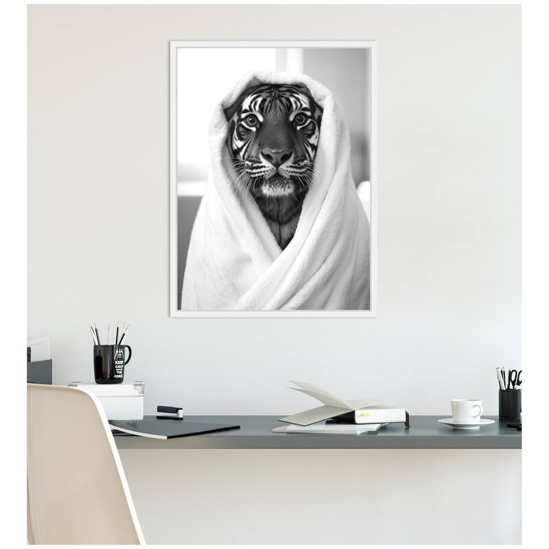 Kate and Laurel Sylvie Tiger Bathroom Art Towel Robe Black and White Framed Canvas by The Creative Bunch Studio