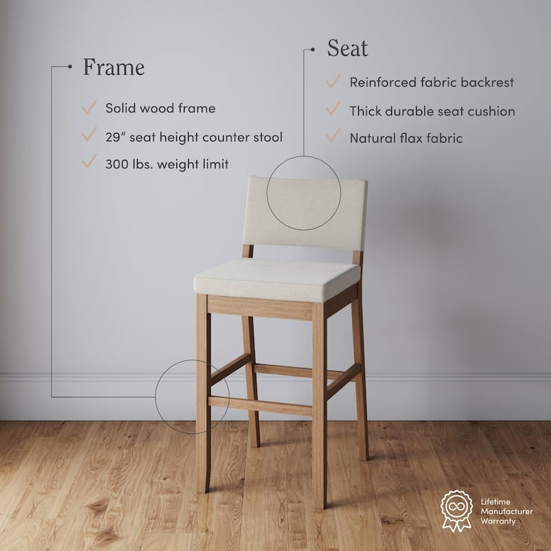 Nathan James Linus Modern Upholstered Bar Stool with Back and Solid Rubberwood Legs