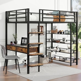 Full Size Metal Loft Bed Frame with with Underneath Built-in Desk, Multi-layer Shelves, Ladder, Full-length Guardrails - Black